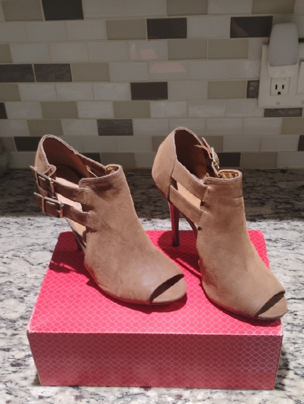 Taupe Peep-Toe Suede High Heel Booties with Side Buckles